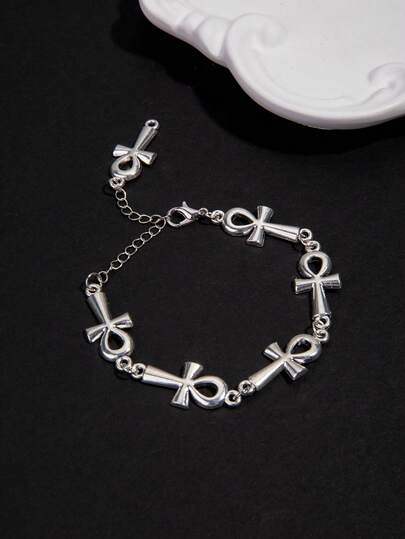 1 件复古十字架手链，生命之钥手链，埃及安卡可调节长度腕饰链银色宗教魅力珠宝，耶稣升天日配饰礼物，适合男女