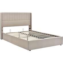 Cama tapizada 160x200 cm, cama hidráulica de lino, diseño de rayas verticales, somier moderno con espacio de almacenaje, cama funcional con canapé, estructura de metal, color beige lino
