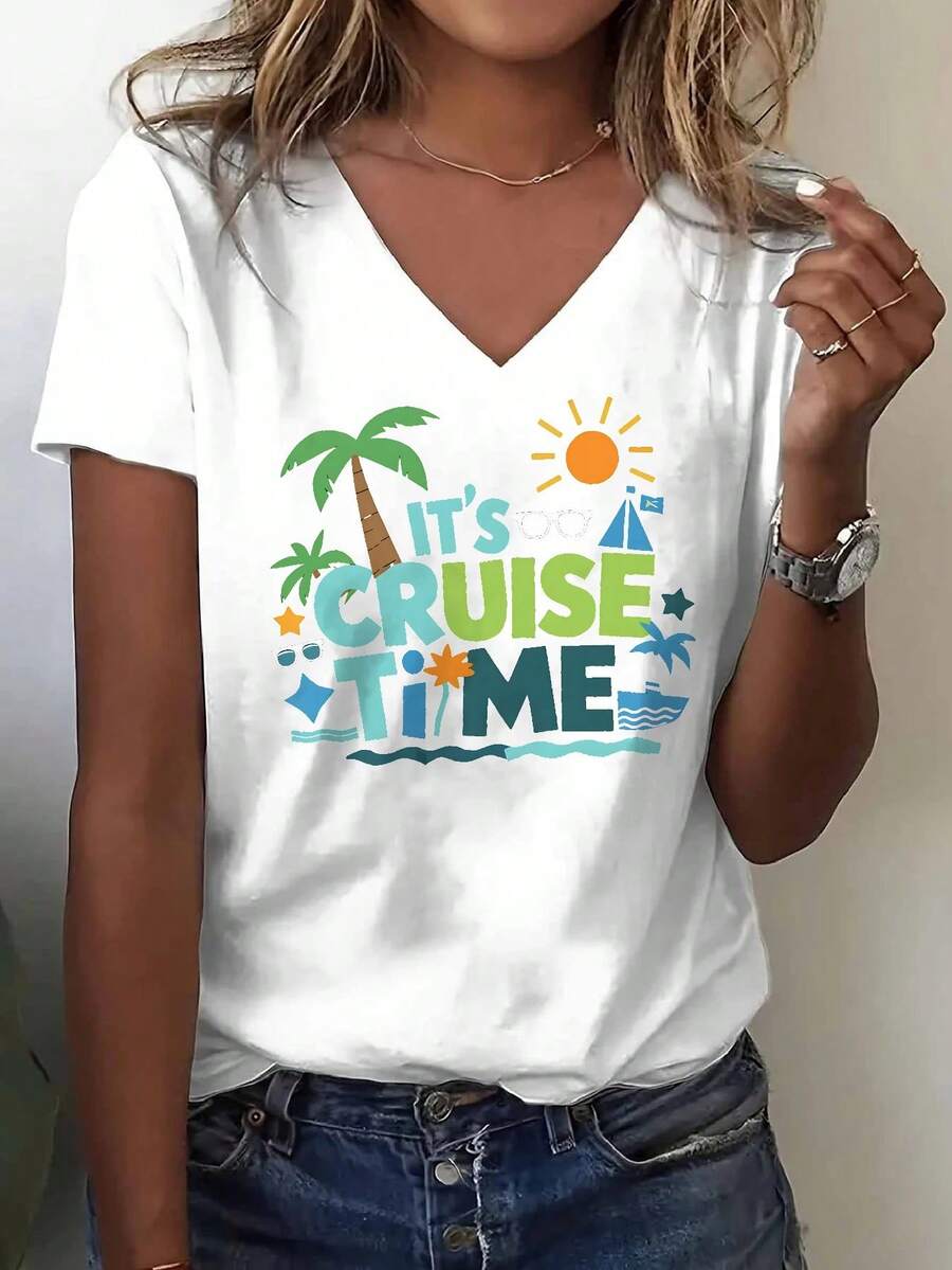 V-Neck T-Shirt With Standard Size Cruise Time Graphic Tee Suitable For Daily Life, Going Out, Leisure, And The Best Choice To Give To Friends And Family - 白色 - 查看 1