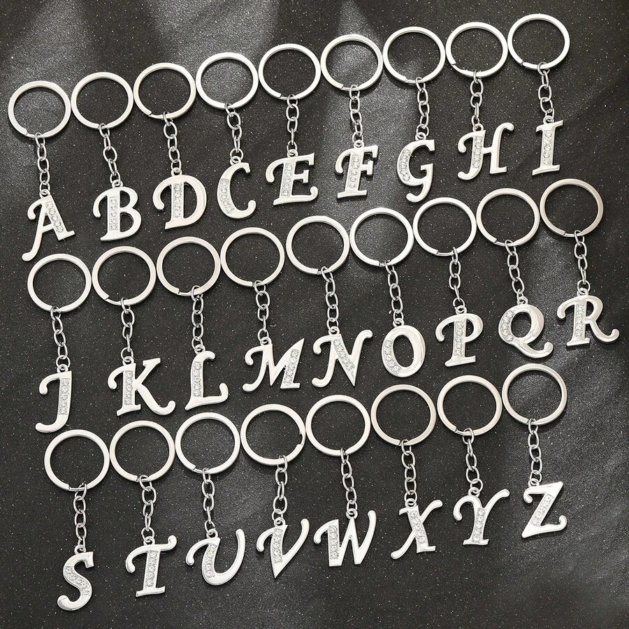 1pc Men's Creative 26 English Alphabet Rhinestone Keychain, Minimalist Car Key Chain, Holiday Party Gift - Silver - View 1