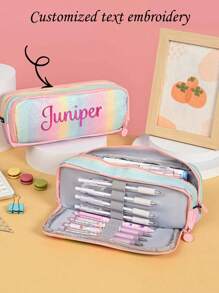 1pc Custom Rainbow Pencil Case, Embroidered 3-Compartment Stationery Organizer Bag For School Supplies, Office, Travel