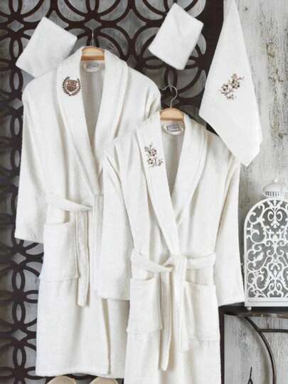 Guvenal Dream 2-Pieces Embroidered 100% Turkish Cotton Bathrobe Set – Sizes S, M, L –, Brown, Gray, White, Beige – Soft & Absorbent – Made In Turkey