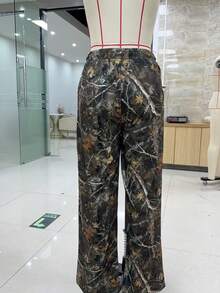 Drawstring Waist Camouflage Printed Wide Leg Drag Pants - Dark Brown - Tan - View 3