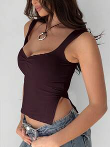 Mystra Summer Casual Solid Color Pleated Side Slit Camisole - Red Violet - View 4