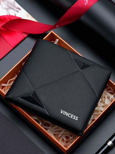 VINCESS Men's Genuine Leather Geometric Pattern Business Wallet - Fashion Men's Coin Purse, Multi-Slot Card Holder, Slim Design, Ideal Gift For Men, Thin Wallet | Geometric Pattern Wallet | Slim Wallet Formal/Business Formal Valentine's Day Ideas