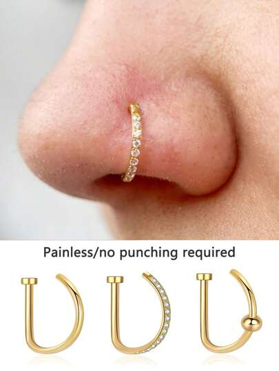 3 Pieces2 Pieces/1 Piece Female Fake Pierced Nose Ring Golden D-Shaped Zirconia Inlaid 5A Grade Fake Pierced Nose Ring Ring Fake Pierced Lip Ring Septum Non-Perforated Nose Clip Rock Hip-Hop Stainless Steel Fashion Punk Body Jewelry Suitable For Men And Women Daily Wear, Beach Swimwear, Sunbathing.Prom, Party, Valentine's Day, Halloween, Christmas, Mother's Day, School Season, Birthday Gifts For Girlfriend/Boyfriend/Mother/Father/Classmate