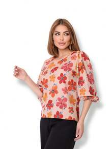 Women's Blouse With 3/4 Sleeves - Bege Flor - View 2