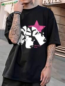 Camiseta gráfica casual para hombres - Diseño de estrella y retrato, camiseta de manga corta de corte holgado, mezcla de poliéster transpirable, lavable a máquina - Negra - Negro - Ver 1
