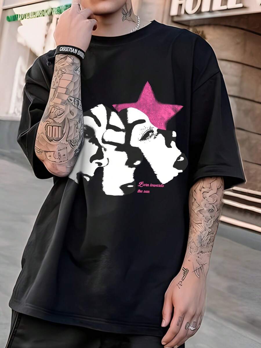 Camiseta gráfica casual para hombres - Diseño de estrella y retrato, camiseta de manga corta de corte holgado, mezcla de poliéster transpirable, lavable a máquina - Negra - Negro - Ver 1