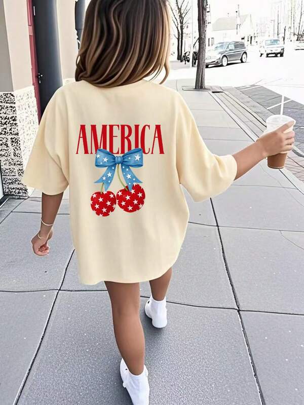 Tween Girls Casual Funny Graphic Print Crew Neck Short Sleeve T-Shirt, Summer Top