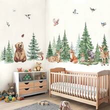 1Set Watercolor Pine Tree Jungle Animals Wall Stickers, Wildlife Woodland Forest Tree Fox Deer Bear Wall Decals,For Playroom,Bedroom,Living Room Home Decor - Multicolor - View 11