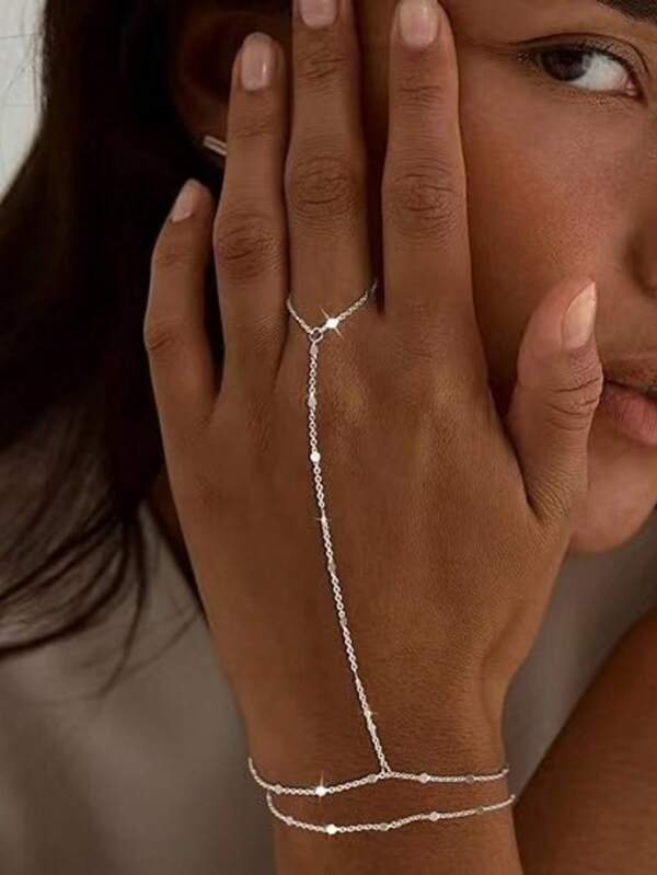 1 قطعة مجموعة مجوهرات من سوار معدني مسطح وسلسلة للإصبع من الفولاذ المقاوم للصدأ بتصميم بسيط ومتعدد الاستخدامات (موضع القرص المسطح عشوائي)