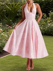 Women Jacquard Halter Dress Elegant Low Cut Sleeveless Open Back A-Line Long Dress For Evening Party Club - Hồng - Xem 4