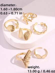 6件套复古光滑素圈戒指，时尚波西米亚海星贝壳几何戒指套装，适合女性海滩度假派对佩戴 - 金色 - 查看 9