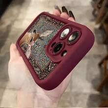1pc Wine Red Matte Gradient Geometric Cute Deer Pattern Phone Case, Compatible With IPhone 16 Pro Max, 15/14 Plus, 13, 12, 11 And Series Waterproof Shockproof Anti-Fall Scratch Resistant - Multicolor - View 3