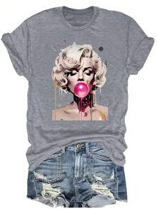 Plus Size-Chic Portrait Pattern T-Shirt, Short Sleeve Casual Round Neck Top, Spring Summer Women's Clothing-1xl-5xl - Light Grey - View 1