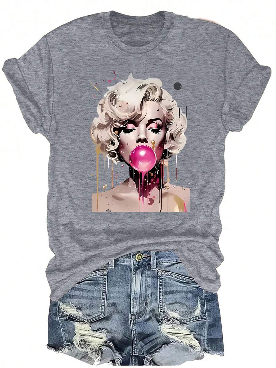 Plus Size-Chic Portrait Pattern T-Shirt, Short Sleeve Casual Round Neck Top, Spring Summer Women's Clothing-1xl-5xl - Light Grey - View 1