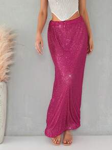 Women's Shiny Sparkly Sequin Maxi Skirt Glitter High Waist Stretchy Long Skirts Night Out Bodycon Party Clubwear - 玫紅色 - 查看 2