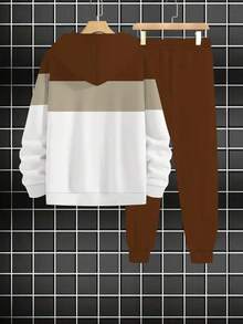 2pcs Men'S Casual Hooded Sweatsuit Set, Polyester Knit Fabric, Regular Fit, With Printed Design, Slight Stretch, For Spring/Fall Hoodie And Pants Combo - Multicolor - View 2