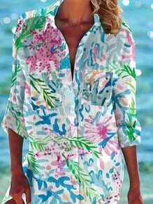 Women's Single-Breasted Tropical Floral Beach Cover-Up