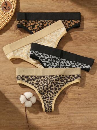 4 st damer leopardmönster stringtrosor, bekväma avslappnade yoga-sportunderkläder