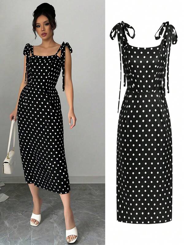Abito midi da donna elegante e vintage, con scollo a pois e colletto, orlo arricciato, fiocco, in tessuto jacquard elegante e vintage, adatto per eventi all'aperto, uscite serali, giardino in estate