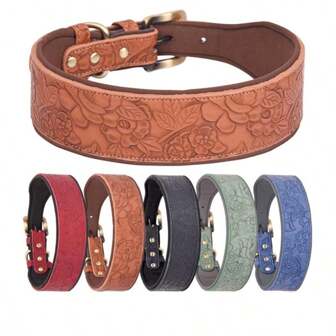 Präglat läderhalsband för husdjur, mjukt spandexfoder, hundhalsband i vintagestil lämpligt för medelstora och stora hundar