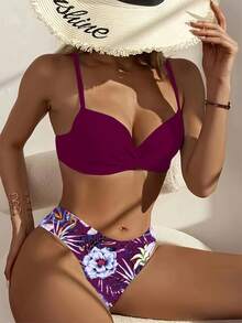 Tropical Print 3 Piece Bikini Set, V Neck Ruched High Cut With Long Sleeves Cover Up Shirt Swimsuits, Women's Swimwear & Clothing For Holiday,Tropical Print Beach Cover Up Set Halter Triangle Bikini Swimsuit With Kimono Beach,Plant Print Push Up Bandeau Bikini Set,3 Piece Set,Summer Beach - 深紫色 - 查看 2