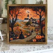 1 件万圣节带框木质标牌民间艺术印刷品、帆布墙面艺术万圣节装饰、房间装饰物品女巫和南瓜灯、满月艺术、秋季色调、万圣节家居装饰、鬼屋装饰复古装饰客厅装饰可选框架