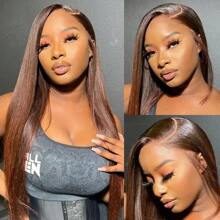 4# Chocolate Dark Brown Brazilian Lace Front Wig Silky Straight Remy Human Hair 13x4 Transparent Lace Frontal Wigs For Women 180% Density Pre Plucked Natural Hairline Tiny Invisible Knots