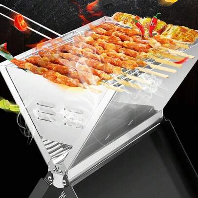 Barbecue pliable et portable, barbecue au charbon de bois argenté, pour cuisine en plein air, camping et pique-nique | Grille à kebab en acier inoxydable, montage facile