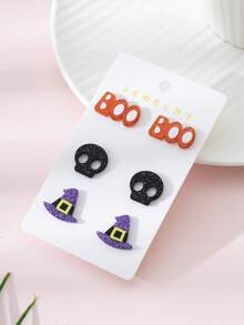 3 Cặp/Bộ Hoa tai đinh tán thiết kế đầu lâu và mũ phù thủy Halloween dành cho nữ, thích hợp để trang trí và đeo trong ngày lễ - Nhiều màu - Xem 2
