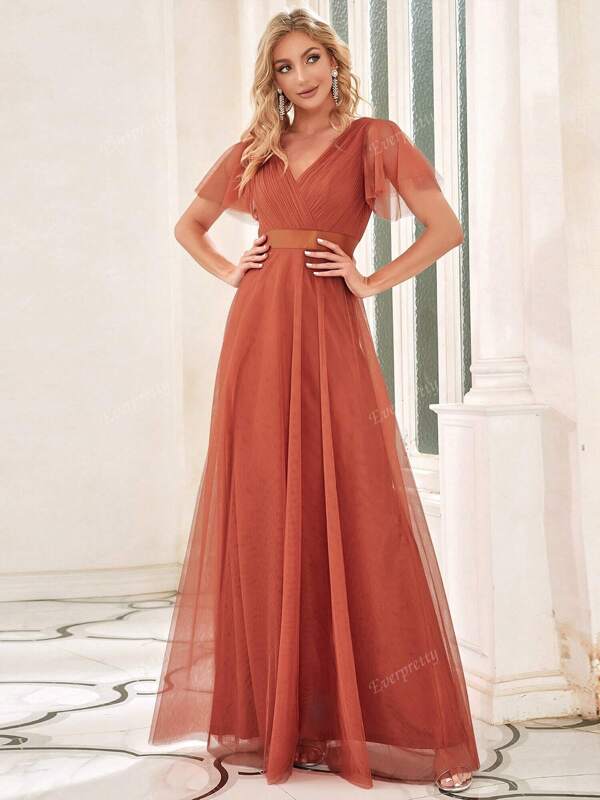 EVERPRETTY Elegant V Neck Floor Length A-Line Tulle Burnt Orange Bridesmaid Dress Wedding Guest Dress For Wedding