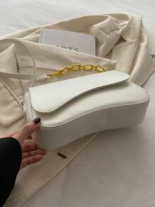 简约纯色单肩翻盖包，经典纹理斜挎包，女士钱包 - 白色 - 查看 7