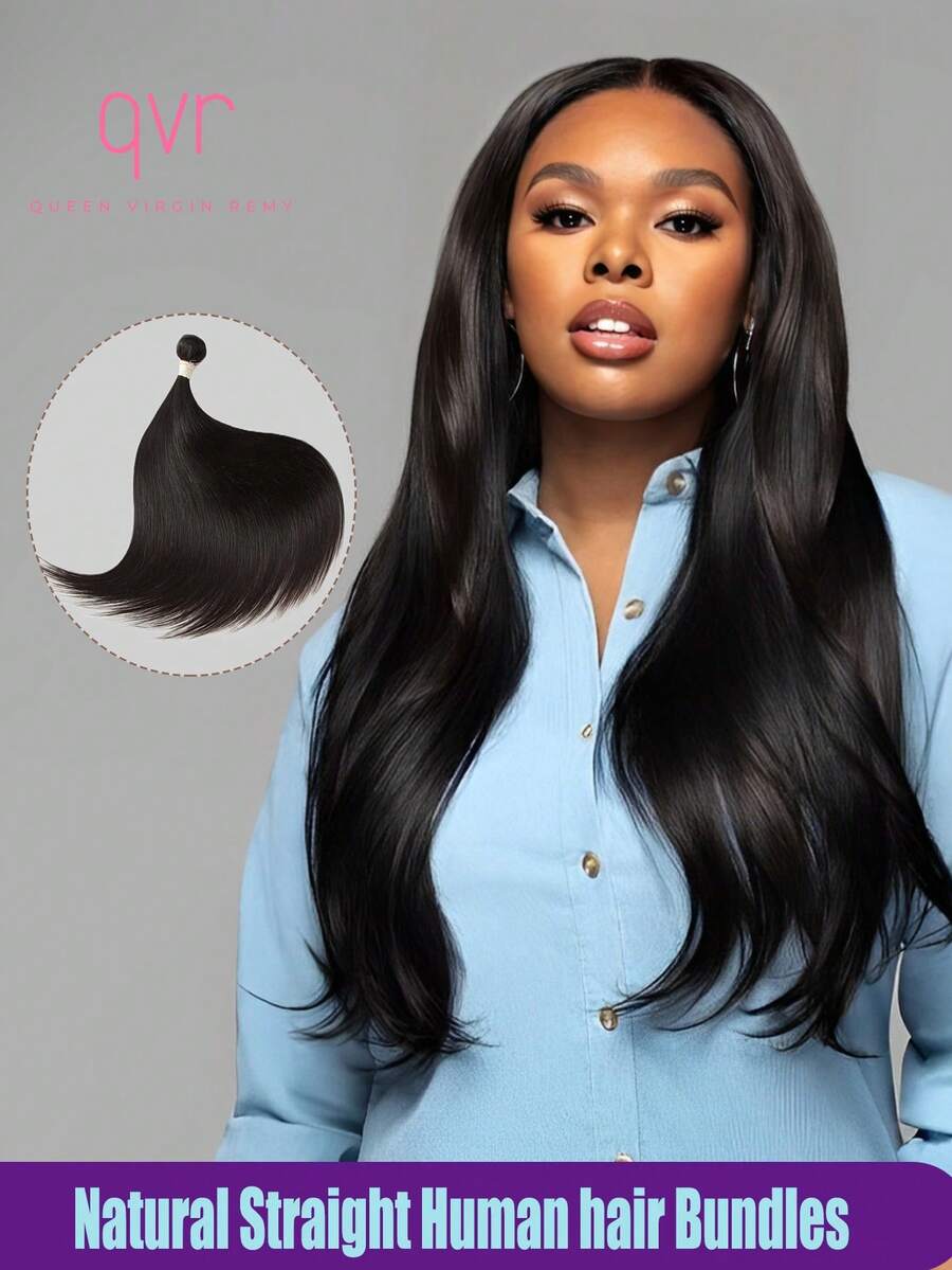 QVR QUEEN VIRGIN REMY QVR 100% Real Human Hair Bundles Natural Black Silky Straight Virgin Remy Human Hair Weave 10 To 28 Inches Weft Sew In Human Hair Extensions 95g Per Piece - Natural Black - View 1