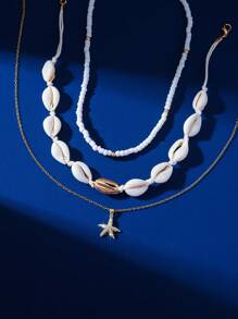 Set de 3 collares colgantes con criaturas marinas de estilo bohemio, serie de collares artesanales con cuentas y conchas marinas, adecuado como accesorio de moda para vacaciones y viajes de mujer