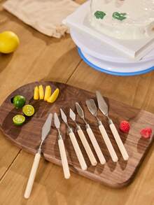 Cirelle 1 Set Of 7 Wooden Handle Stainless Steel Cake Decorating Spatulas & Painting Scrapers Back To School, New Year, Christmas Party, Rama Kitchen Essentials, Baking Use, Family Dining, Afternoon Tea Use - Khaki - View 1