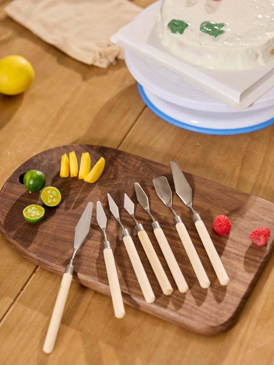 Cirelle 1 Set Of 7 Wooden Handle Stainless Steel Cake Decorating Spatulas & Painting Scrapers Back To School, New Year, Christmas Party, Rama Kitchen Essentials, Baking Use, Family Dining, Afternoon Tea Use - Khaki - View 1