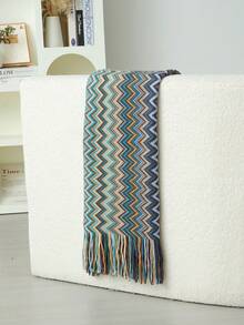 1 件卡其色针织毯，带流苏的休闲盖毯，适合午睡、沙发、客厅椅子、秋季装饰、秋季装饰、房间装饰 - 波西米亞藍色 - 查看 4