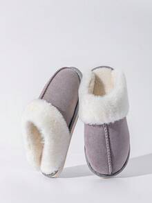 男女通用蓬松室内拖鞋，柔软毛绒衬里防滑 TPR 鞋底舒适家居鞋，纯色时尚家居拖鞋 - 灰色 - 查看 4