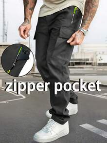 Herren Cargo Hosen im Casual Stil, mit Kordelzug Taille, Reißverschlusstaschen - leichter Polyesterstoff, geeignet für Frühling/Sommer Laufen, Training und Outdoor Aktivitäten, Casual Outdoor Hosen - Schwarz - Übersicht 4