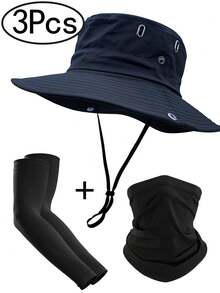3 件套遮阳帽 + 袖套 + 围脖 男女款渔夫帽 UPF 50+ 布尼帽 可折叠防晒 徒步沙滩钓鱼 夏季
