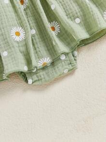 Baby Girl Spring Outfits Daisy Print Ruffled Trim Long Sleeve Romper Dress And Bow Headband 2 Pcs Set - Green - View 6