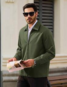 Men's Cotton Full Zip Up Work Jackets Turndown Collar Business Casual Windbreaker With 3 PocketsChristmas O5SK - xanh quân đội - Xem 4