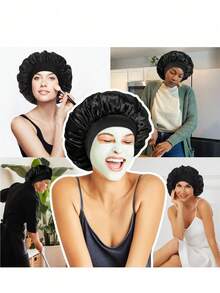 1pc Silk Bonnet For Sleeping, Satin Hair Bonnets, Soft Elastic Band Silk Sleep Cap, Silk Hair Wrap For Curly Hair (Black Gold)