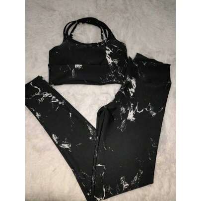 Conjunto Academia Marmorizado Calça + Top Com Bojo