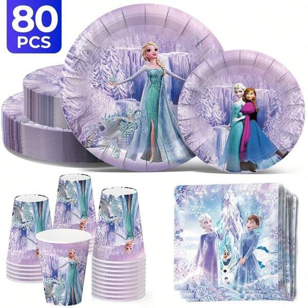 Disney 80-Piece Disney Frozen Disposable Tableware Set, Including 20 Dinner Plates, 20 Dessert Plates, 20 Paper Cups And 20 Napkins. This Disposable Party Tableware Set Is Suitable For Camping, Picnics, Backyard Barbecues, Weddings And Birthday Parties.