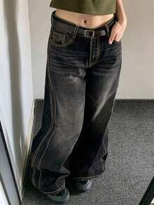 Jeans para Mujer - Pantalones De Mezclilla Sueltos, Moda Casual con Cintura Alta y Pierna Ancha - Negro - Ver 4
