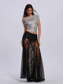 ROMWE 女式银色闪光上衣休闲时尚90年代装街拍春秋纯色褶皱领PU背心无袖上衣外出上衣不对称领口上衣适合外出和聚会新年女装女士生日连衣裙女士情人节 - 銀色 - 查看 1