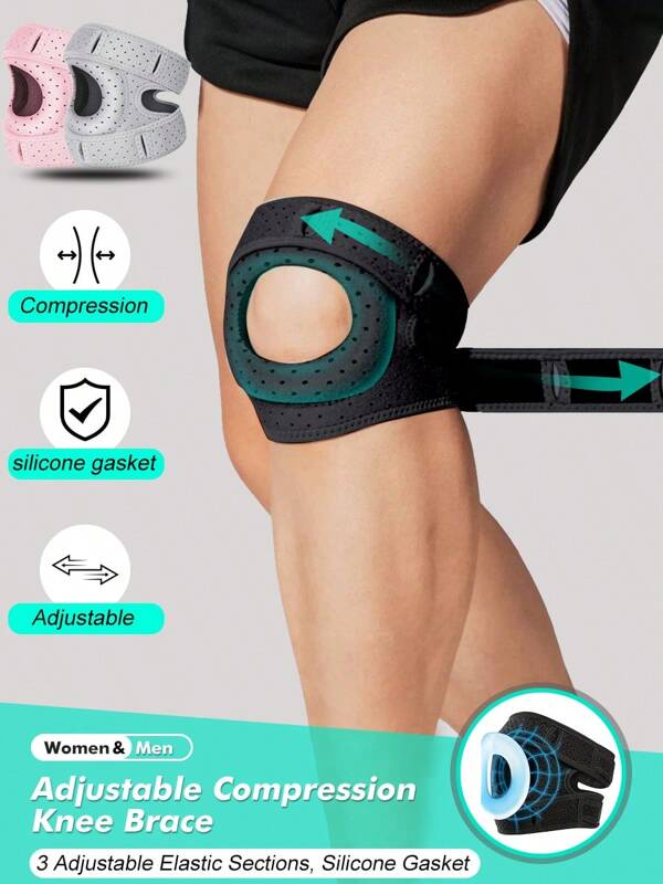 1 Pair-Adjustable Elastic Patella Knee Brace For Knee Discomfort, Knee Compression Sleeve Knee Brace, Workout Knee Pads For Women And Men-Suitable For Basketball, Tennis, Fitness, Running-10cm/4in Above Knee Circumference:30-56cm/12-22in, Black/ Grey Gym Accessories Knee Support Sports Knee Pads Gym Knee Pads